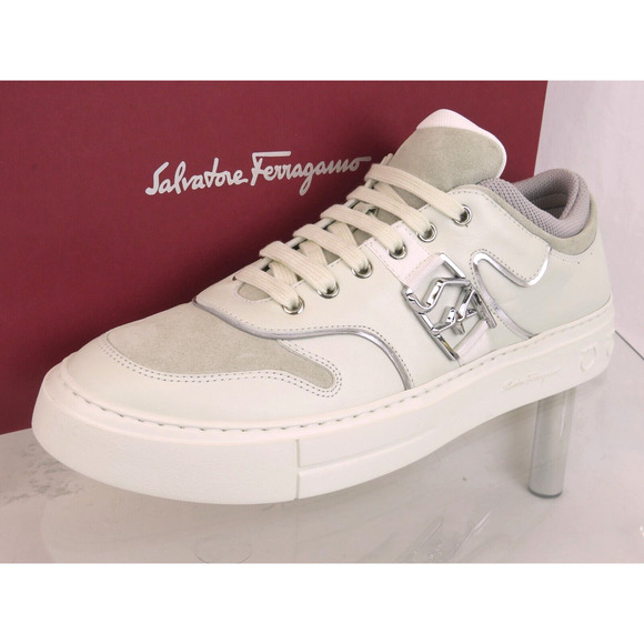 $795 FERRAGAMO NORIS WHITE LEATHER BEIGE SUEDE SF LOGO SNEAKERS 10.5 M ITALY - Picture 1 of 14